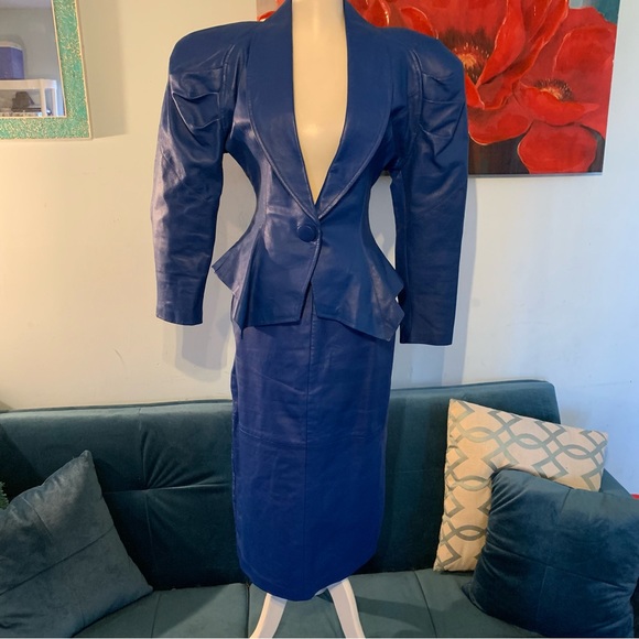 Kezia Skirts Vintage Kezia Genuine Royal Blue Leather Skirt Blazer Suit Set Size 6 28 Waist